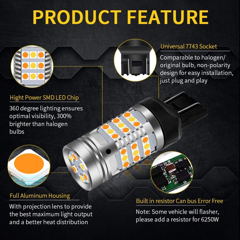 OPL5 2PCs 7443 Cabus Ready Error Free Switchback Amber LED Turn Signal Lights Bulbs White Side Lamp No Hyper Flash Built-in Load Resistor 7443 T20 7441 7505 W21W Led Bulbs (7443 White Amber) - Image 3